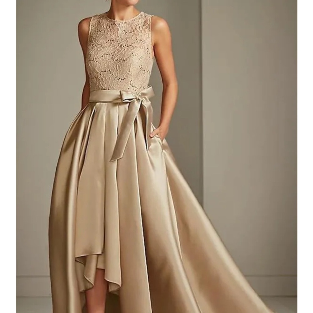 Chic High Low Satin Dress with Lace Bodice